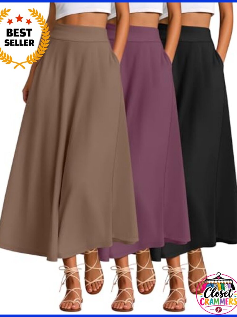 Maxi Long Skirt Set 3 Pack A-Line High Waisted Side Pockets Ankle Length